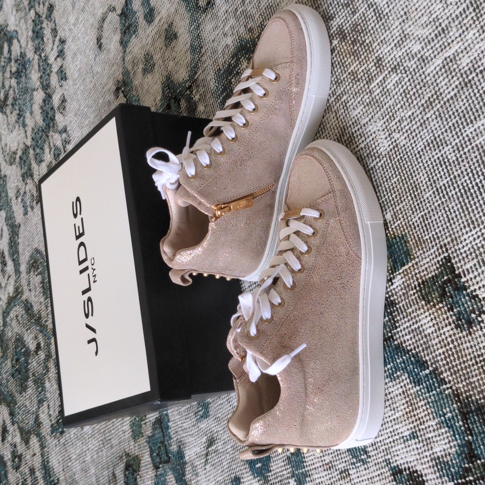 J/Slides Gold Glitter Ludlow Brushed Suede Sneakers Sz 8, New